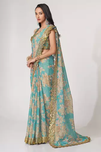 Sky blue organza saree with sequins embroidery & floral digital print
