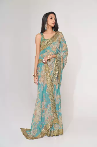 Sky blue organza saree with sequins embroidery & floral digital print