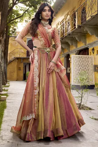 Delightful Dusty rose Carika Silk Indian wedding lehenga Choli dress