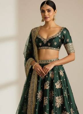 Catching Green French Crepe Zari and Sequins Embrodered Indian wedding lehenga Choli dress 4