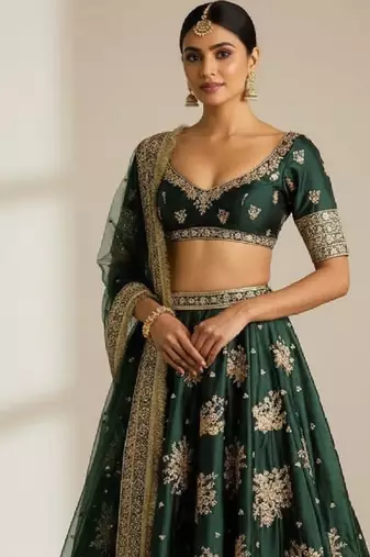 Catching Green French Crepe Zari and Sequins Embrodered Indian wedding lehenga Choli dress