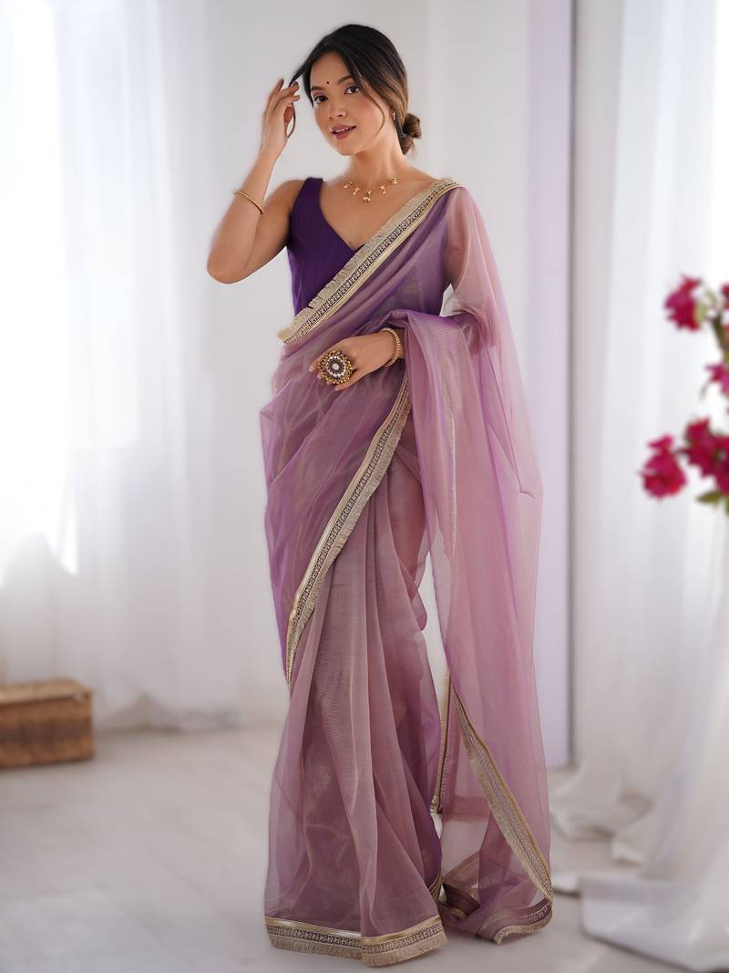 Onion pink exclusive designer dual shade gold net sequins saree with lace border