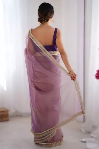 Onion pink exclusive dual shade gold net sequins saree with lace border