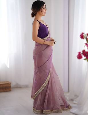 Onion pink exclusive dual shade gold net sequins saree with lace border 3