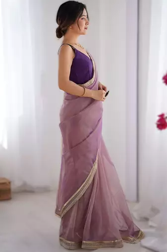 Onion pink exclusive dual shade gold net sequins saree with lace border
