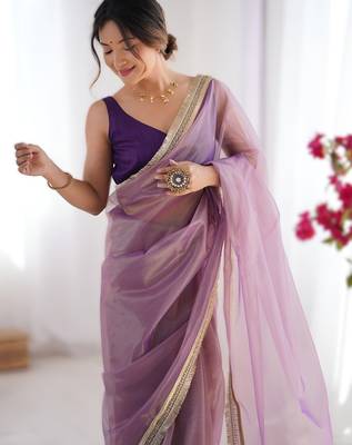 Onion pink exclusive dual shade gold net sequins saree with lace border 4