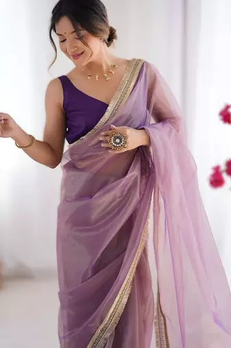 Onion pink exclusive dual shade gold net sequins saree with lace border