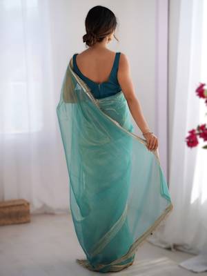 Sky blue exclusive dual shade gold net sequins saree with lace border 2