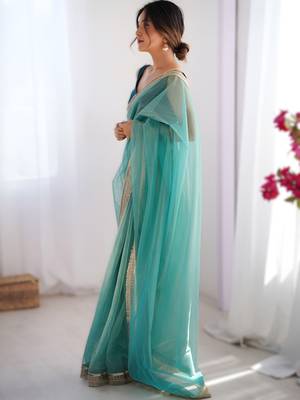 Sky blue exclusive dual shade gold net sequins saree with lace border 3
