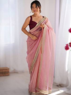 Pink exclusive dual shade gold net sequins saree with lace border 1