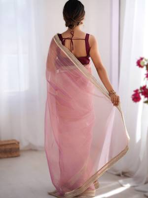 Pink exclusive dual shade gold net sequins saree with lace border 2
