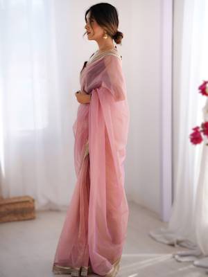 Pink exclusive dual shade gold net sequins saree with lace border 3