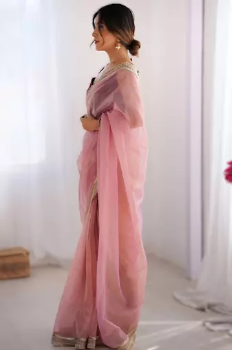 Pink exclusive dual shade gold net sequins saree with lace border
