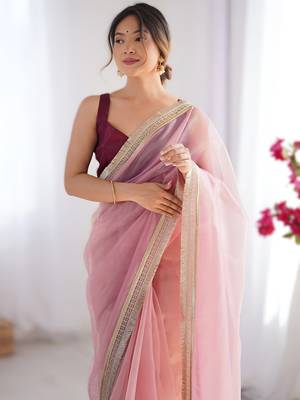 Pink exclusive dual shade gold net sequins saree with lace border 4