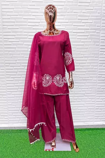 Maroon Crepe Stitched Suit With Sequence Embroidery Work