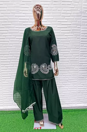 D Green Crepe Stitched Suit With Sequence Embroidery Work
