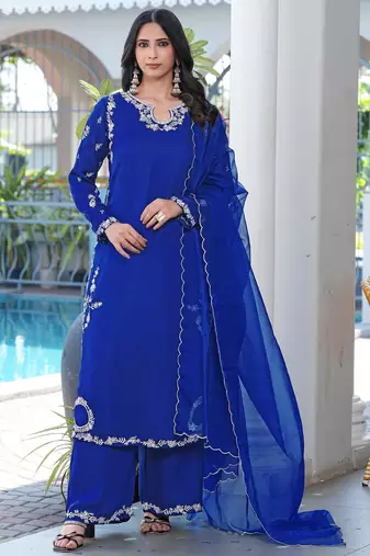 Royal-blue embroidered modal satin stitched straight cut kurta culottes dupatta readymade suits