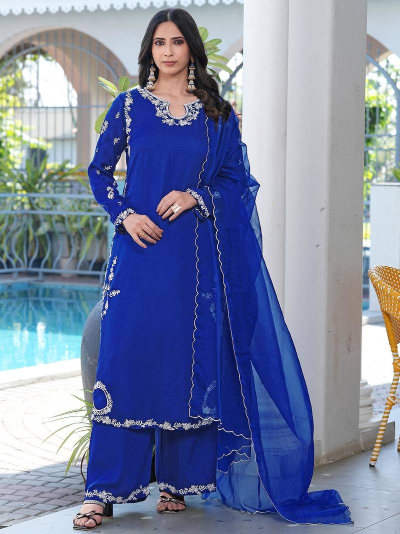 Royal-blue embroidered modal satin stitched straight cut kurta culottes dupatta readymade suits