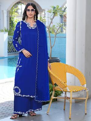 Royal-blue embroidered modal satin stitched straight cut kurta culottes dupatta readymade suits 3