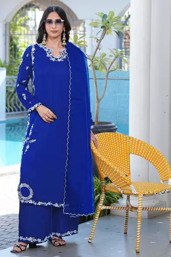Royal-blue embroidered modal satin stitched straight cut kurta culottes dupatta readymade suits