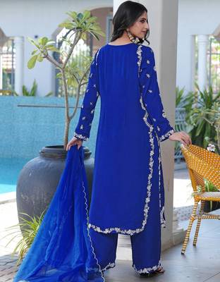 Royal-blue embroidered modal satin stitched straight cut kurta culottes dupatta readymade suits 4