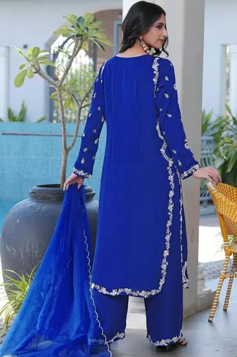 Royal-blue embroidered modal satin stitched straight cut kurta culottes dupatta readymade suits