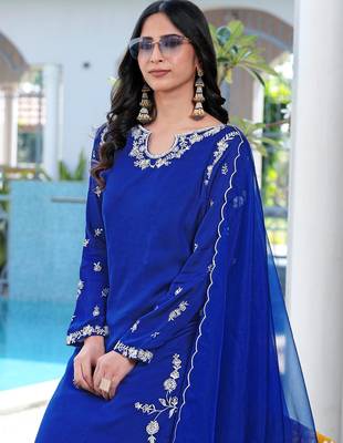 Royal-blue embroidered modal satin stitched straight cut kurta culottes dupatta readymade suits 5