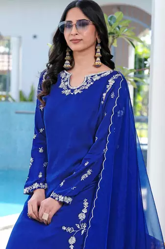 Royal-blue embroidered modal satin stitched straight cut kurta culottes dupatta readymade suits