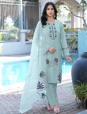 Sea-green embroidered art silk stitched straight cut kurta pants dupatta readymade suits 1