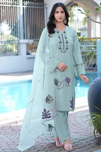 Sea-green embroidered art silk stitched straight cut kurta pants dupatta readymade suits
