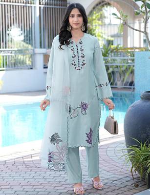 Sea-green embroidered art silk stitched straight cut kurta pants dupatta readymade suits 3