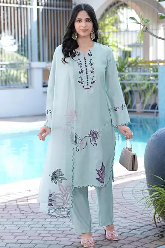 Sea-green embroidered art silk stitched straight cut kurta pants dupatta readymade suits