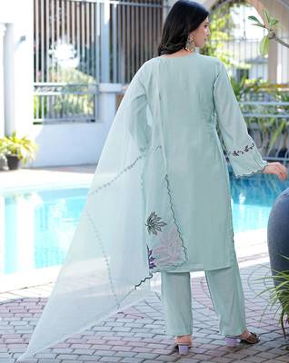 Sea-green embroidered art silk stitched straight cut kurta pants dupatta readymade suits 4
