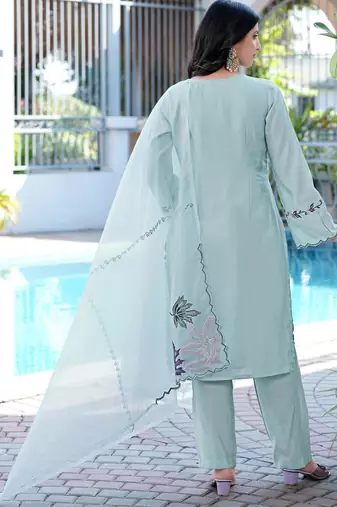 Sea-green embroidered art silk stitched straight cut kurta pants dupatta readymade suits