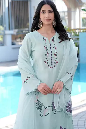 Sea-green embroidered art silk stitched straight cut kurta pants dupatta readymade suits