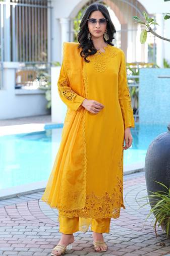 Yellow embroidered art silk stitched straight cut kurta pants dupatta readymade suits