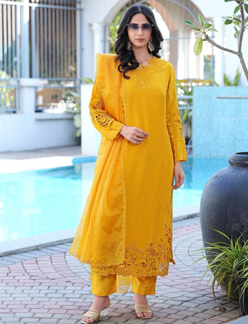 Yellow embroidered art silk stitched straight cut kurta pants dupatta readymade suits