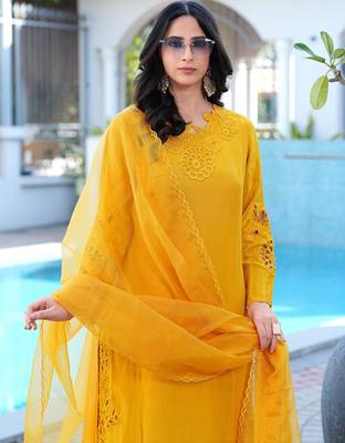 Yellow embroidered art silk stitched straight cut kurta pants dupatta readymade suits 3