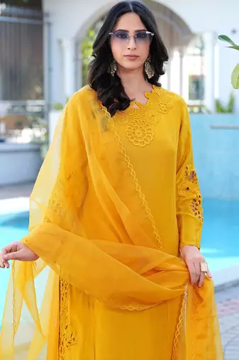 Yellow embroidered art silk stitched straight cut kurta pants dupatta readymade suits