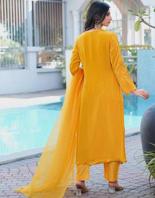 Yellow embroidered art silk stitched straight cut kurta pants dupatta readymade suits 4