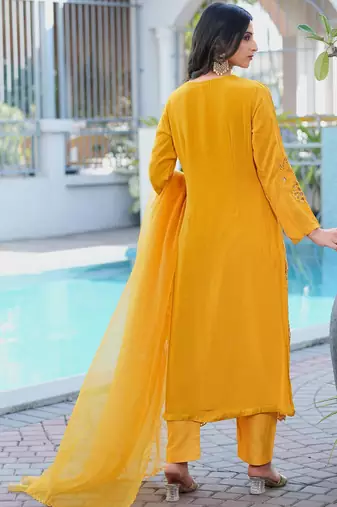 Yellow embroidered art silk stitched straight cut kurta pants dupatta readymade suits