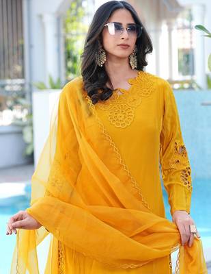Yellow embroidered art silk stitched straight cut kurta pants dupatta readymade suits 5
