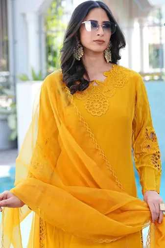 Yellow embroidered art silk stitched straight cut kurta pants dupatta readymade suits