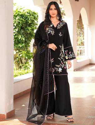 Black embroidered art silk stitched straight cut kurta culottes dupatta readymade suits 1
