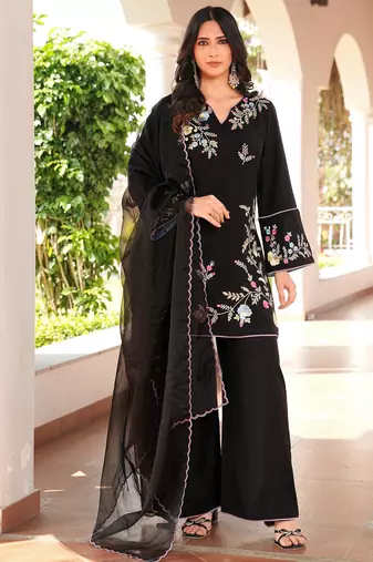 Black embroidered art silk stitched straight cut kurta culottes dupatta readymade suits