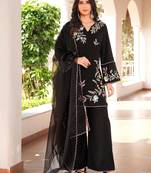 Black embroidered art silk stitched straight cut kurta culottes dupatta readymade suits