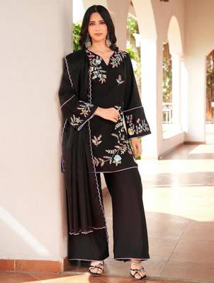 Black embroidered art silk stitched straight cut kurta culottes dupatta readymade suits 3
