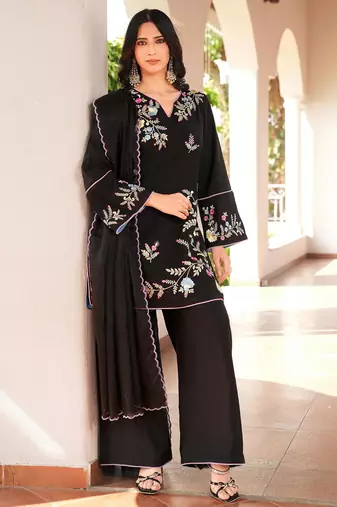 Black embroidered art silk stitched straight cut kurta culottes dupatta readymade suits