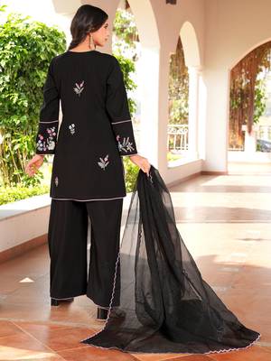 Black embroidered art silk stitched straight cut kurta culottes dupatta readymade suits 4