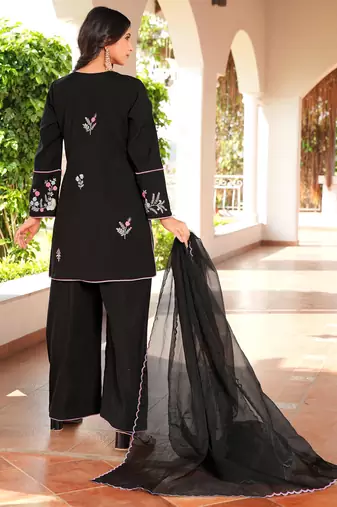 Black embroidered art silk stitched straight cut kurta culottes dupatta readymade suits